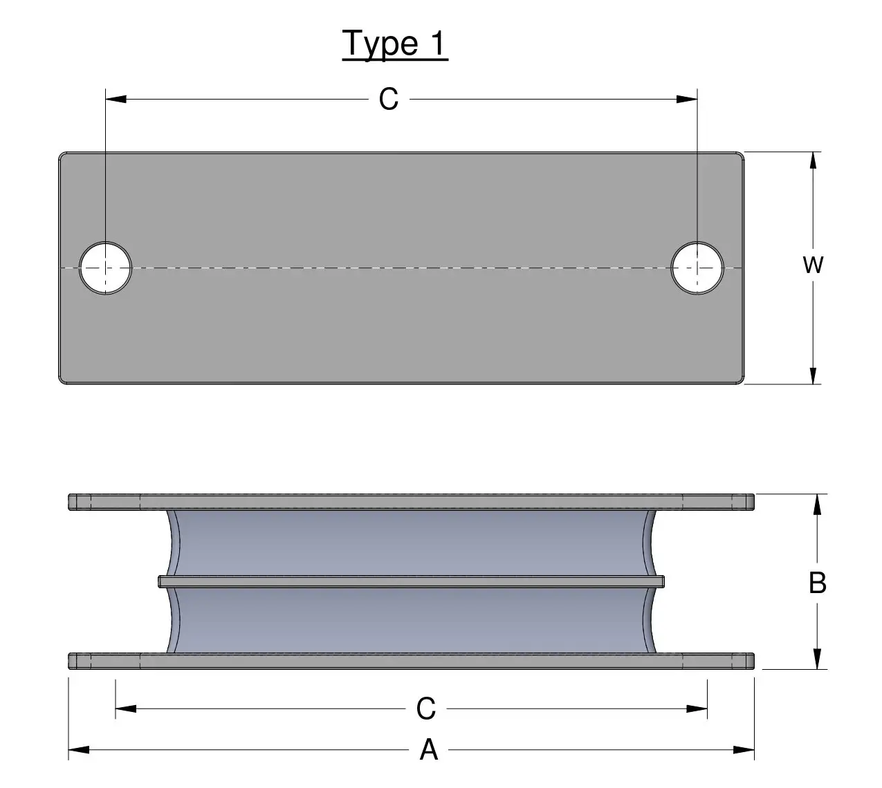 Type 1 sandwich mount technical drawing with labels